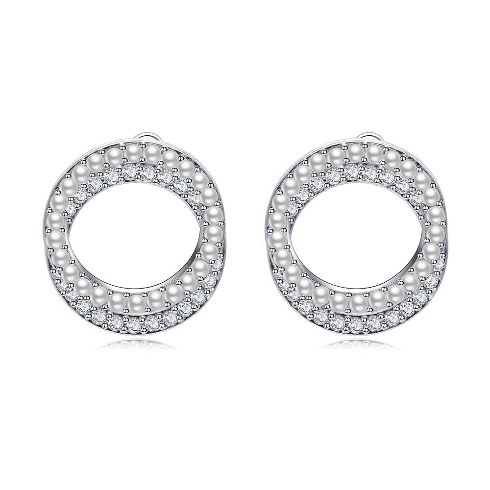 Double Circle Pearl CZ Earrings